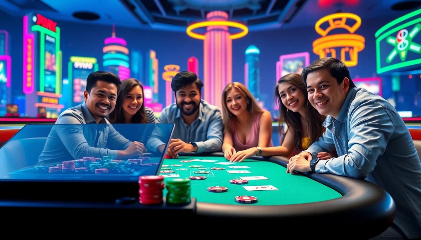 Joueurs adorant casino en ligne argent réel avec ambiance animée et moderne.