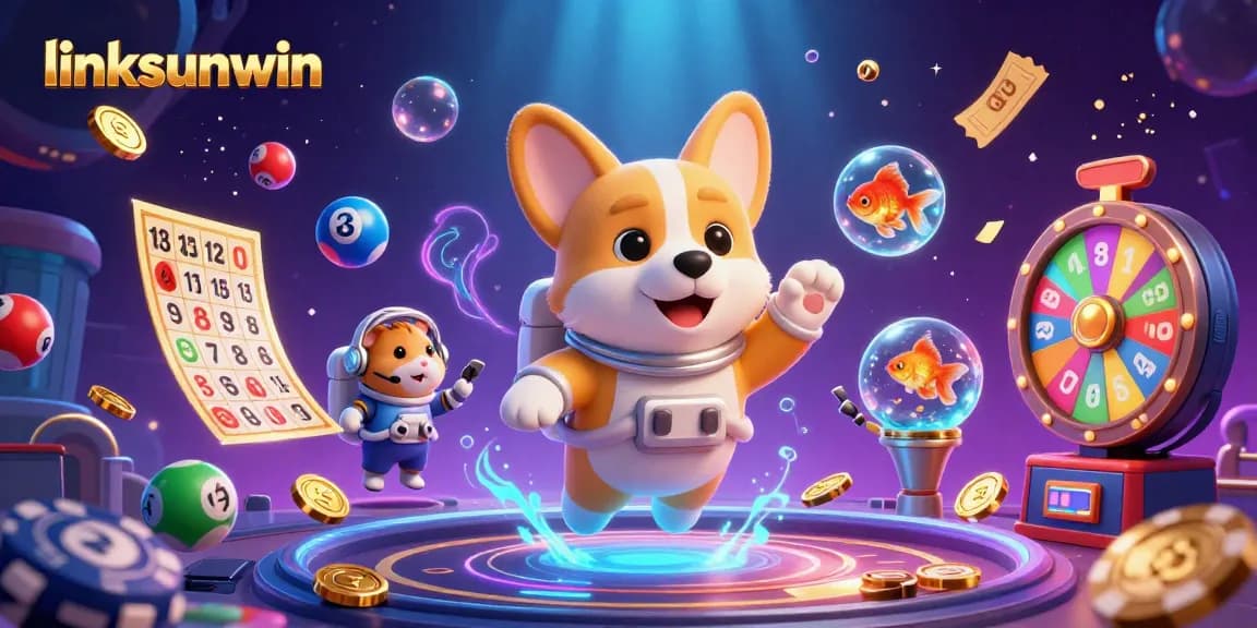 Engage with linksunwin's unique space casino experience featuring a floating astronaut corgi and vibrant lottery elements.
