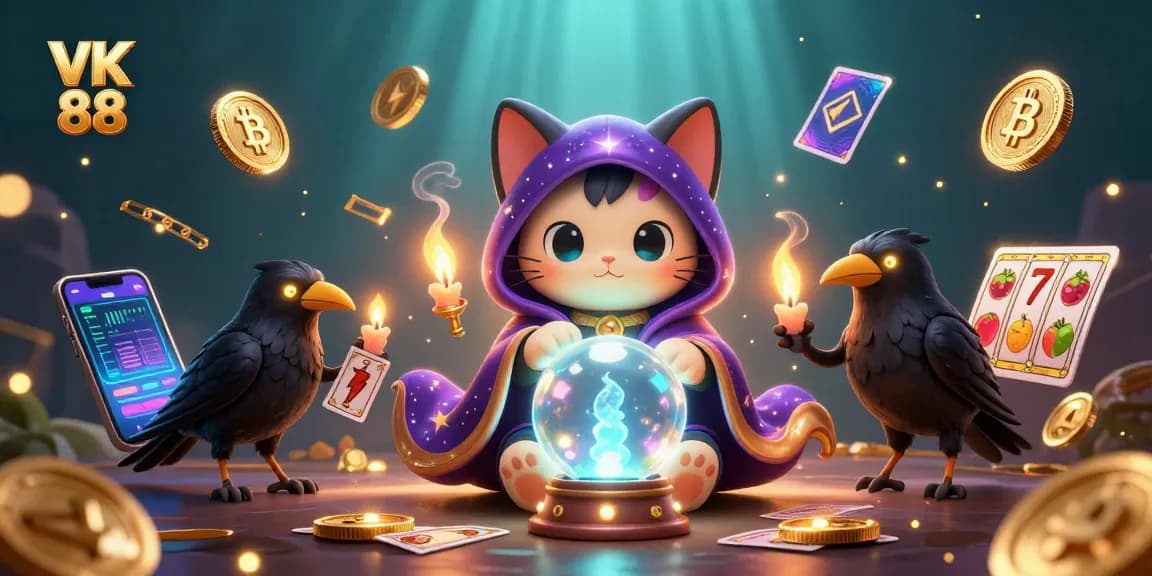 Spin the reels at VK 88 with an enchanting cat, fortune-telling, and vibrant casino atmosphere!