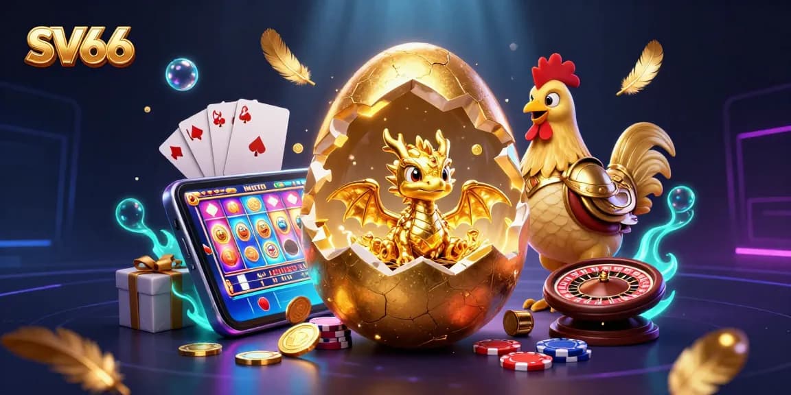 Experience the thrill of SV66 with a golden dragon amidst casino elements and vibrant slot gameplay.