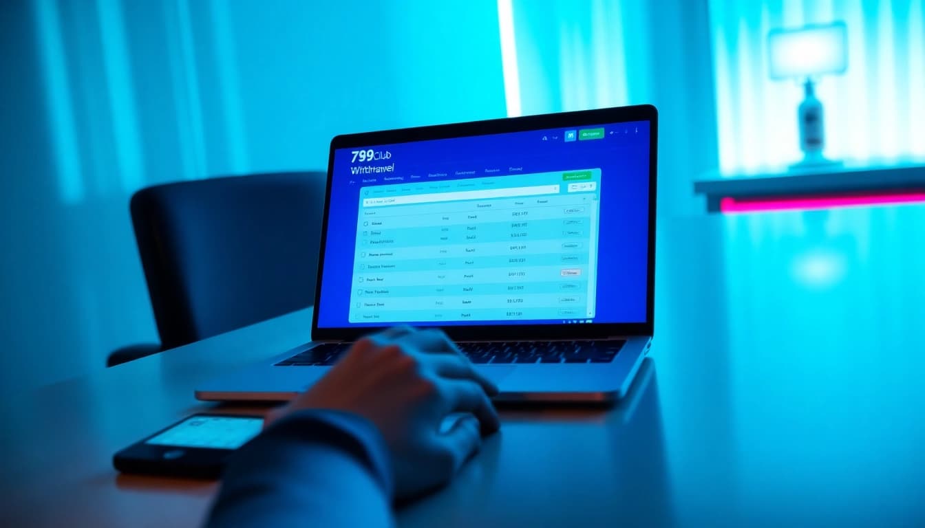 Hướng Dẫn Chi Tiết Các Bước Rút Tiền 789Club displayed on a laptop while a user interacts with digital banking.
