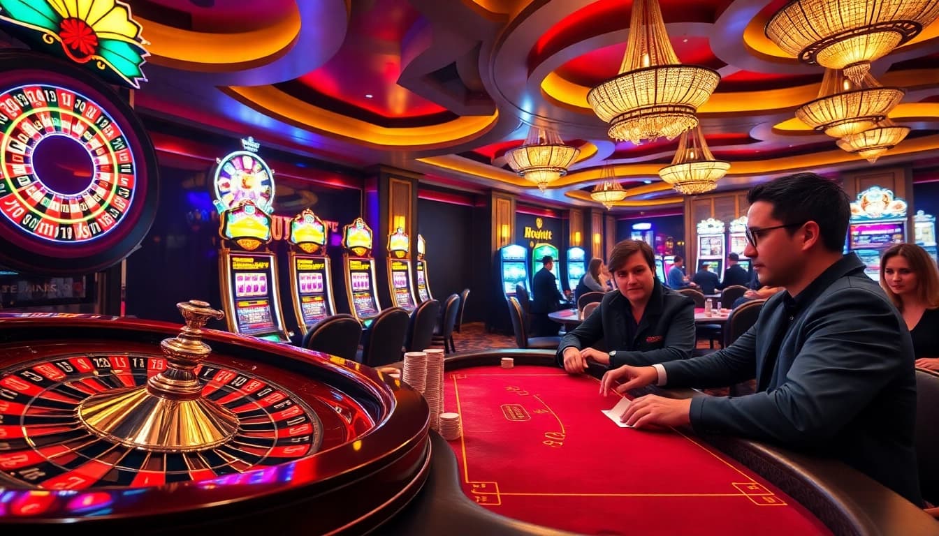 Experience the thrill of winning at LC88 casino with vibrant slot machines and an exciting poker table.