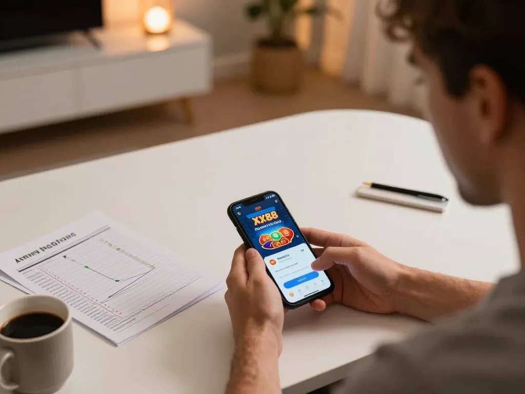 Player engaging with the XX88 casino app on smartphone, emphasizing responsible online gambling.