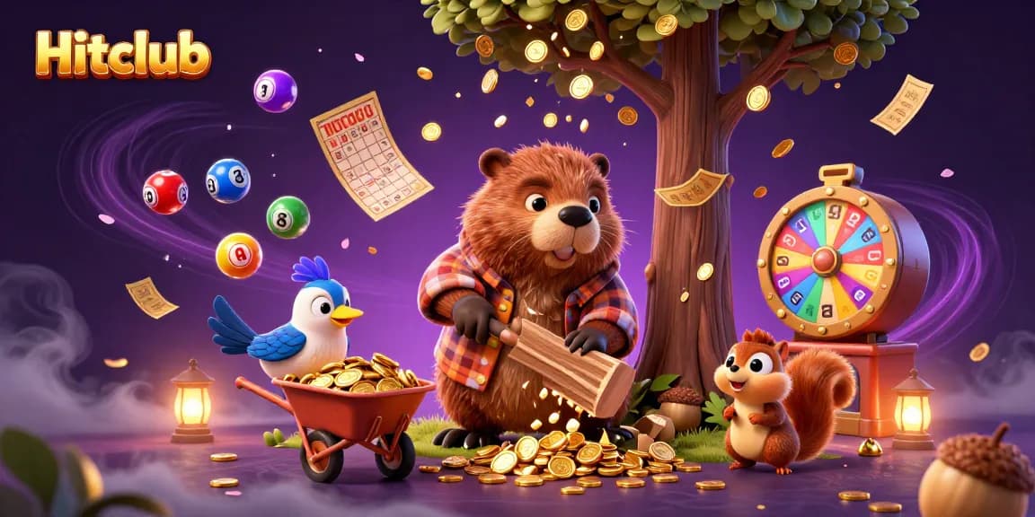 Hitclub brings excitement as a beaver chops a coin tree in a vibrant casino scene.