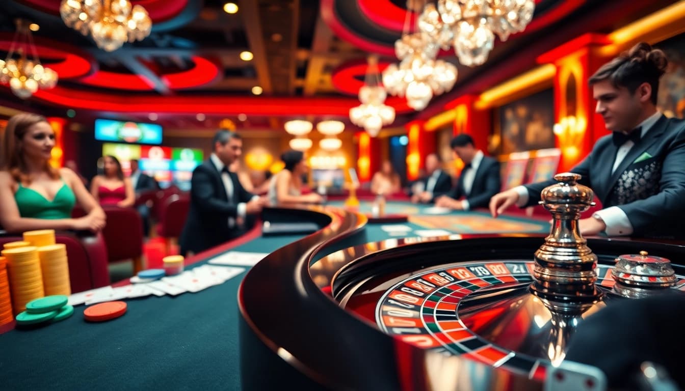 Casino en ligne France : vibrant roulette table in a lively casino setting.