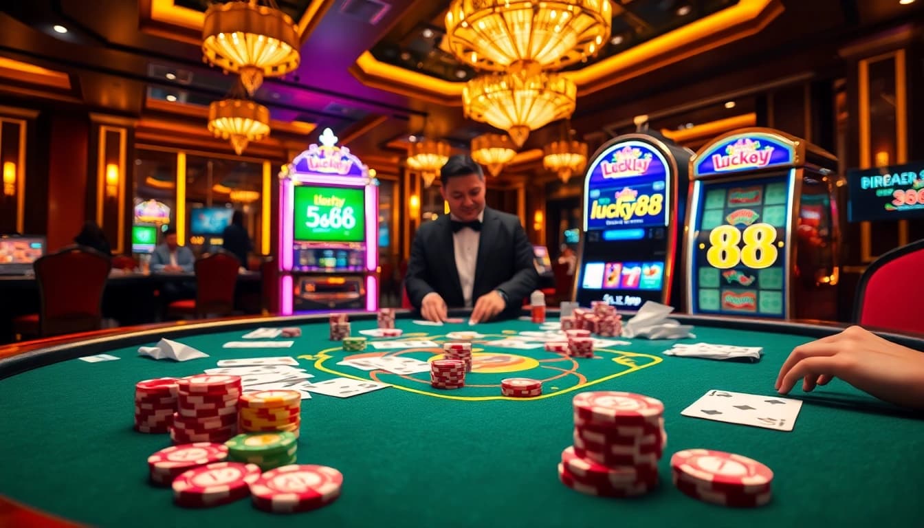 The lively casino scene showcases lucky88 slot machine, cards, and poker chips in an elegant environment.