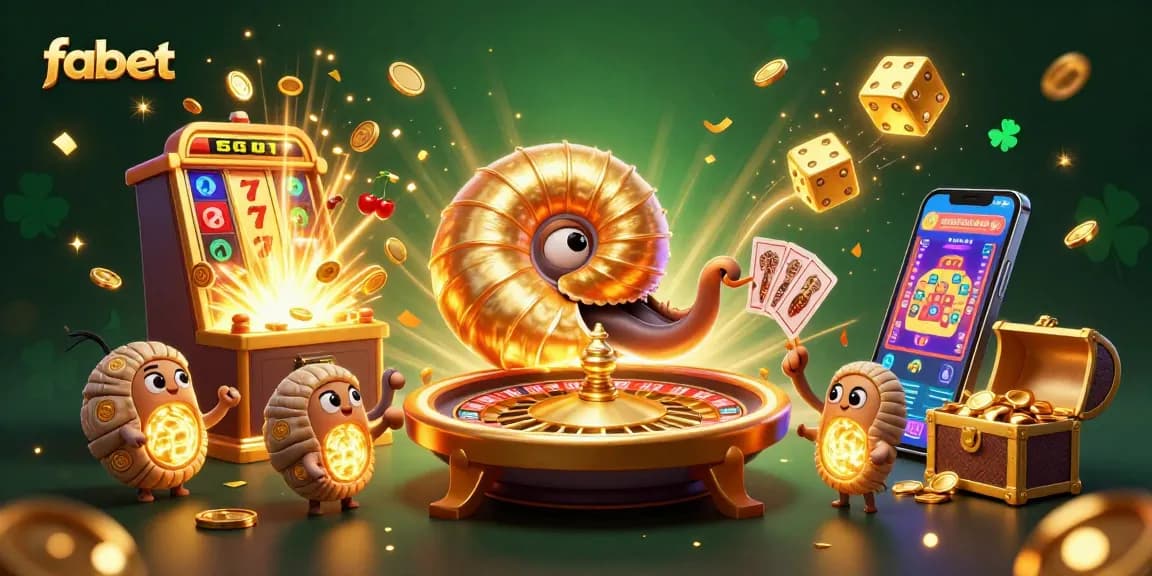 Experience the excitement of fabet with vibrant slots, cards, and golden jackpots in this casino illustration.