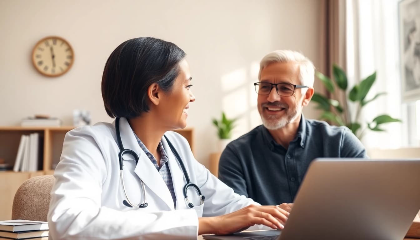 Affordable online doctor consultation with a friendly doctor during a video call in a cozy home office.