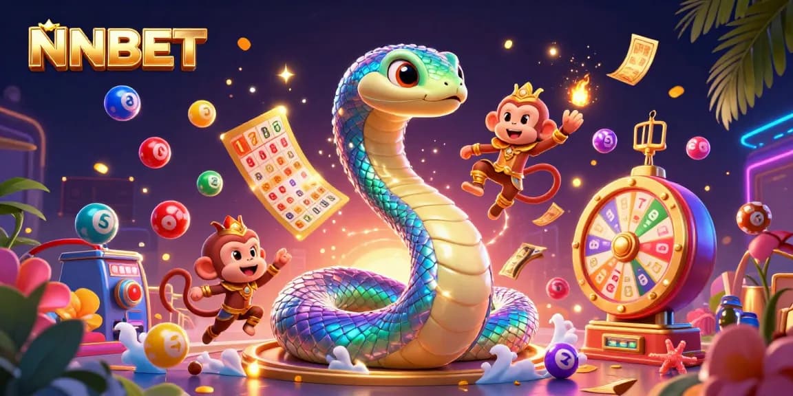 Engage with NNBET's vibrant gaming world featuring a dynamic rainbow serpent and enchanting characters.