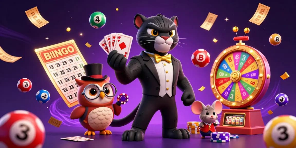 Win big at LuckyWin with a 3D cartoon scene featuring a stylish panther dealer, an owl with chips, and vibrant lottery elements.