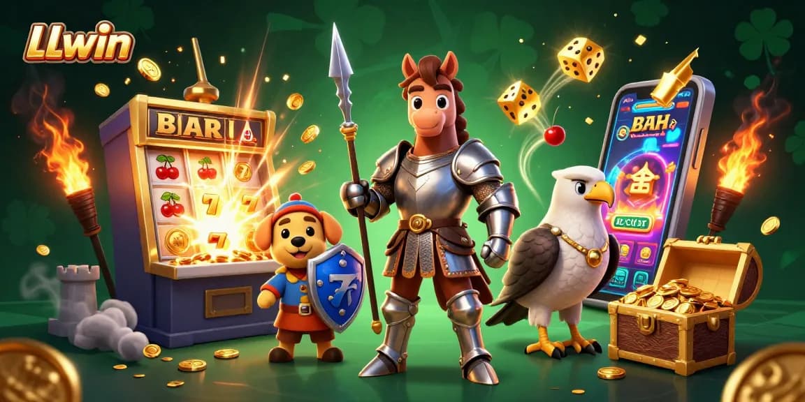 LLwin offers an exciting gaming experience with a dynamic illustration featuring a knight, puppy, and falcon among casino elements.