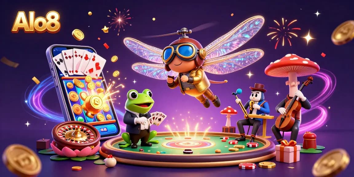 Alo8 showcases a vibrant illustration of a dragonfly pilot with a frog croupier and jazz musicians at a lily pad casino