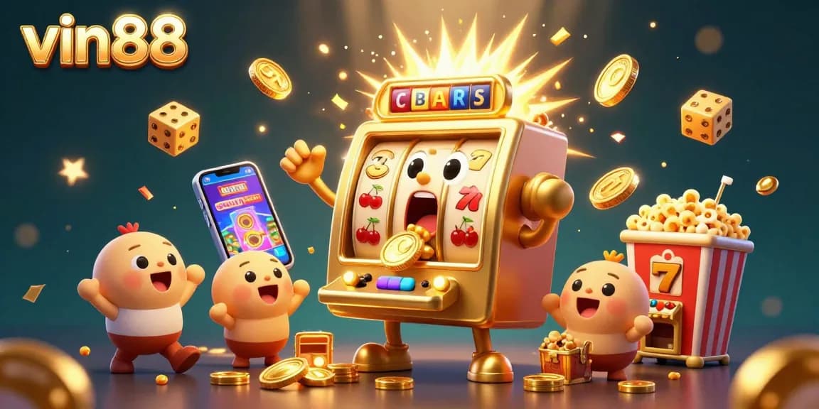 vin88 slot machine hitting jackpot with cheerful characters and dynamic casino elements.