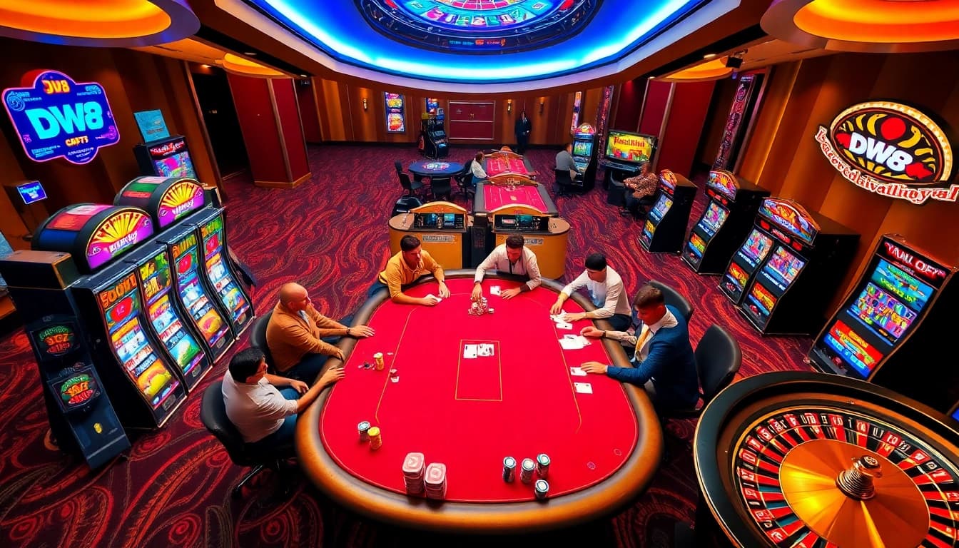Players enjoy a thrilling poker game at DW8's luxurious casino, surrounded by vibrant slot machines.