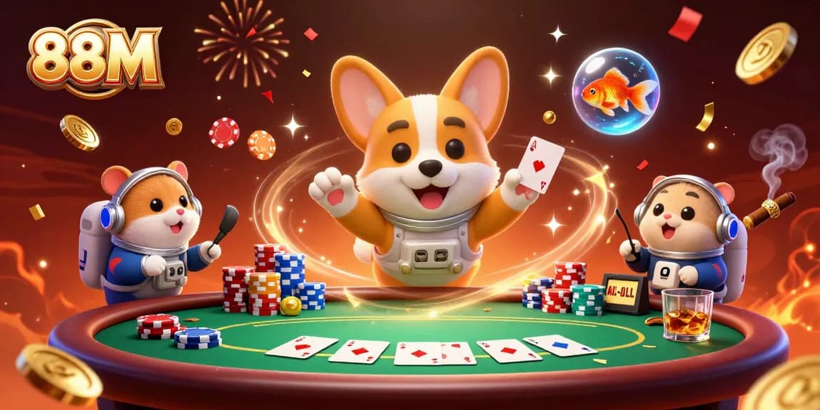 Experience thrilling moments in 88M casino with floating poker chips and gold coins in a vibrant 3D space setting