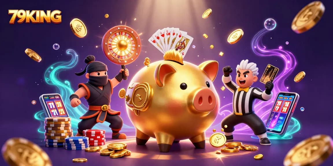 Experience the thrill of gambling with 79KING's animated sumo piggy bank wrestler and dynamic casino elements.