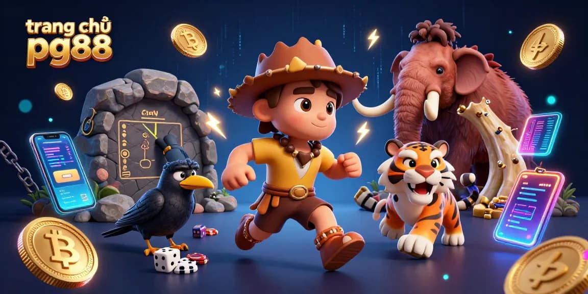 Engage in slots action at trang chủ pg88 with vibrant neon scenes in a prehistoric casino.