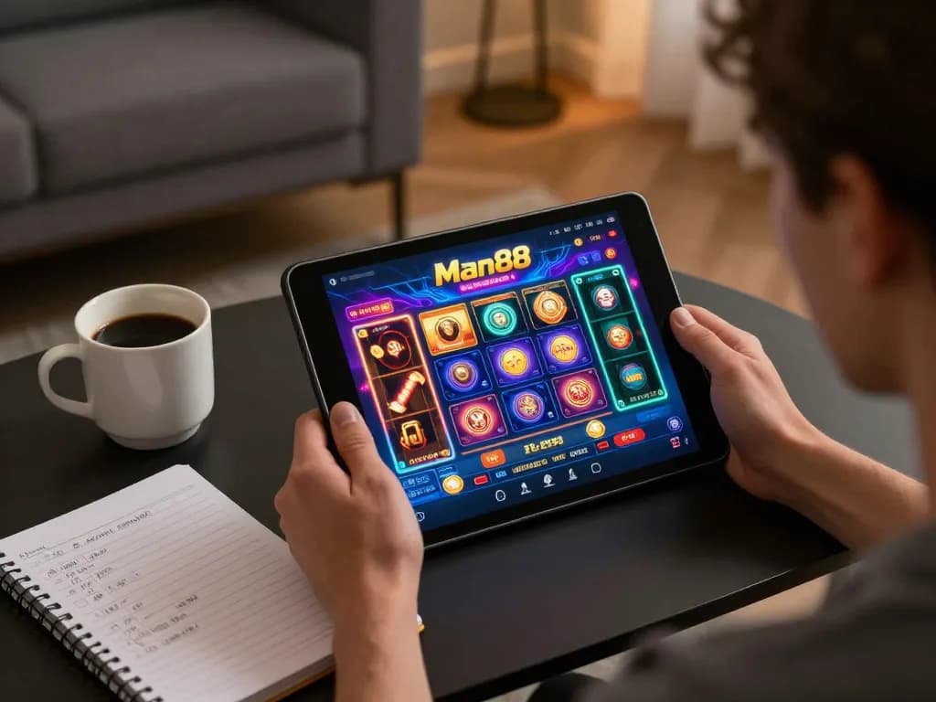 Player enjoying Man88 online gaming experience while taking notes in a cozy setup.