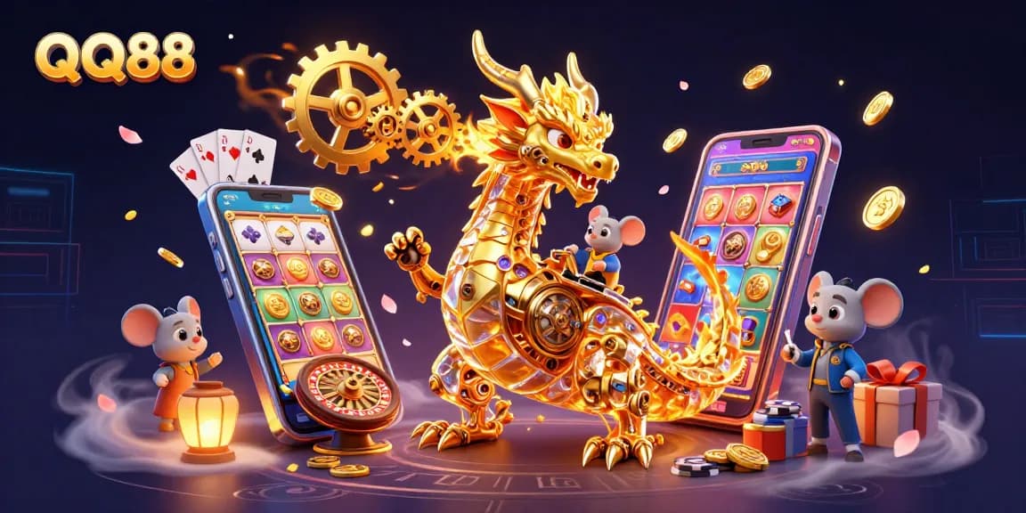 Play thrilling games with QQ88, featuring a golden dragon and interactive casino elements.