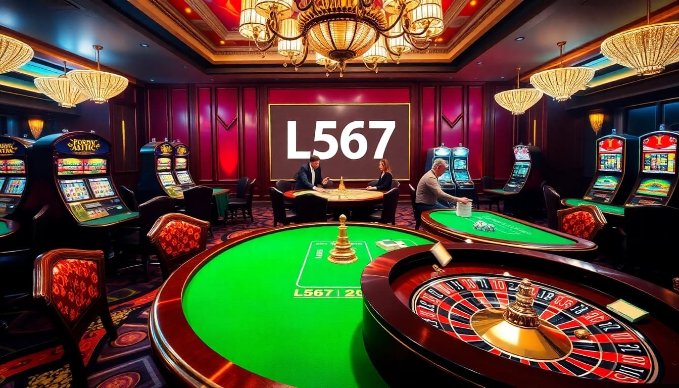 L567 players engaging in high-stakes poker, showcasing excitement and luxury in a vibrant casino environment.