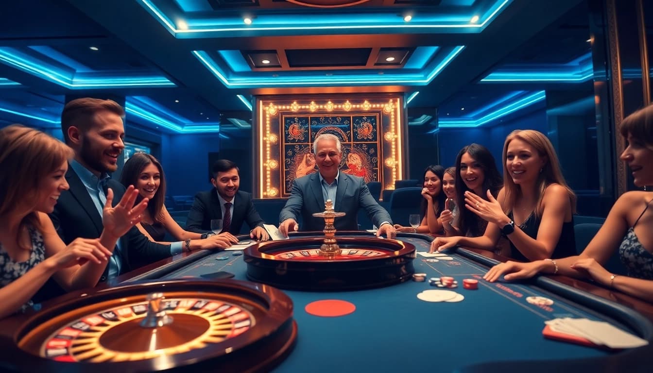 Players enjoy a thrilling game at https://7hh.br.com/, surrounded by vibrant casino elements like poker chips and cards.