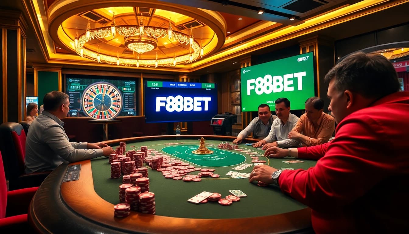 Experience the thrilling ambiance of F8BET at a luxurious casino table with vibrant gambling action.