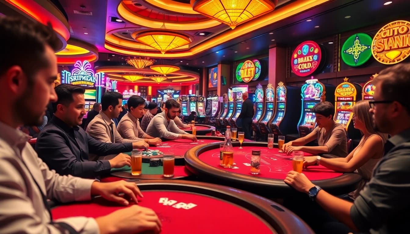 Retrait instantané paris sportif dans un casino animé avec des joueurs et des jeux de cartes.