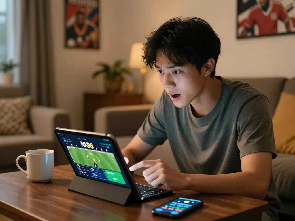 Engaging moment of a player placing a strategic NK88 bet using a tablet in a cozy home setting.