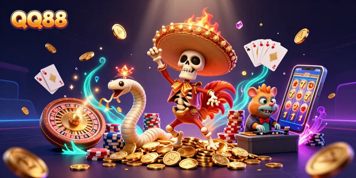 Experience thrilling gameplay with QQ88's vibrant action-packed casino scene featuring iconic characters.