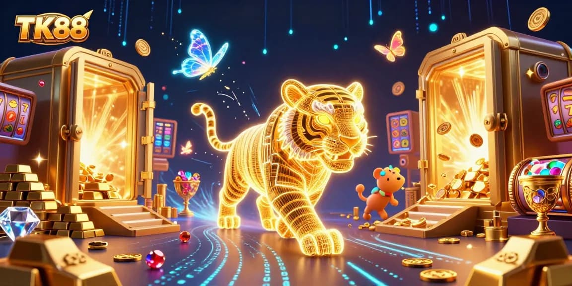 Experience TK88 with a golden tiger prowling through a vibrant digital casino filled with slots and treasures.