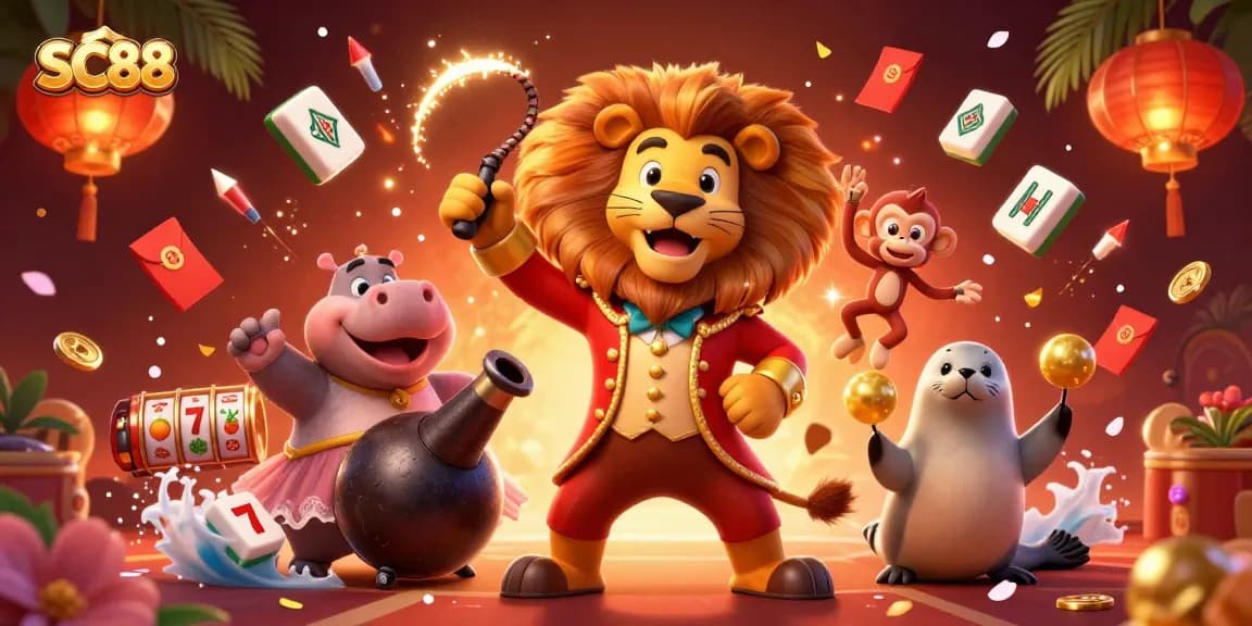 SC88 showcases a vibrant casino scene with a lion ringmaster and dynamic gaming elements.