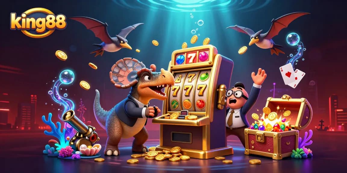 Experience king88's exciting casino adventure with a 3D illustration featuring slot machines and golden coins.