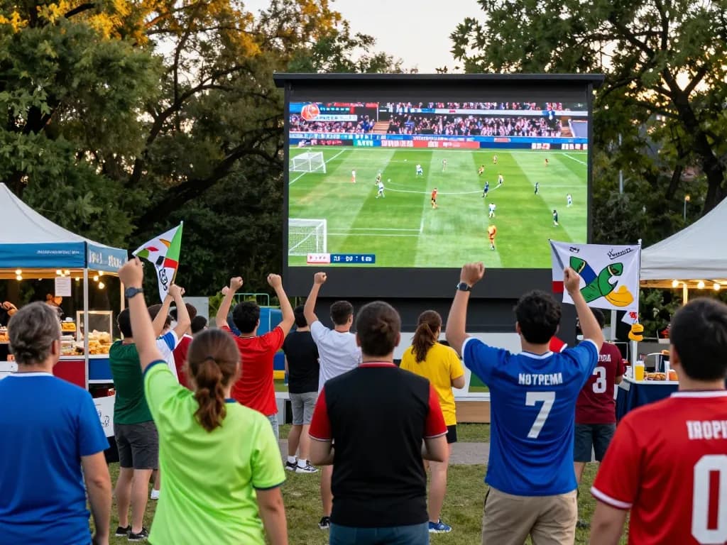 CakhiaTV live football match streaming event with fans cheering outdoors.