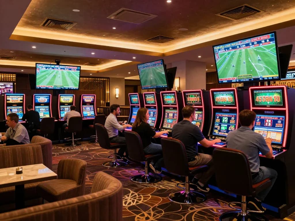 Bettors strategizing during an exciting game at 45678 com’s premium sports betting lounge.