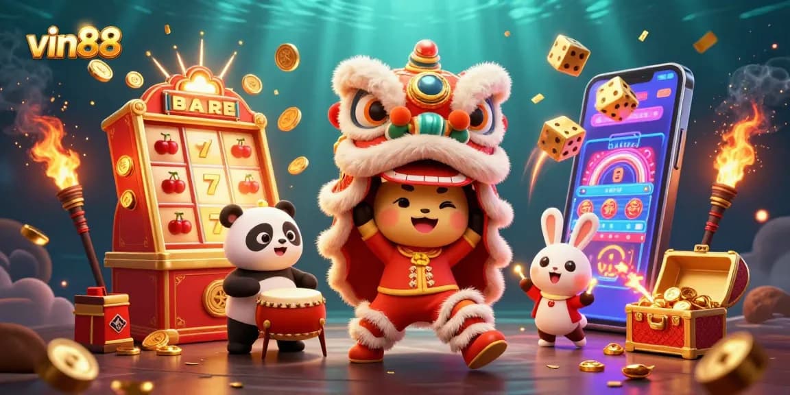 Play thrilling casino games like slot machines with vin88 in a vibrant 3D illustration featuring festive characters.