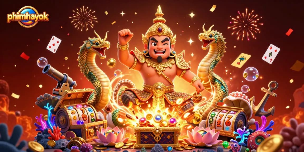 Engage with phimhayok casino slots featuring vibrant characters, gold coins, and dynamic game elements in a rich scene.