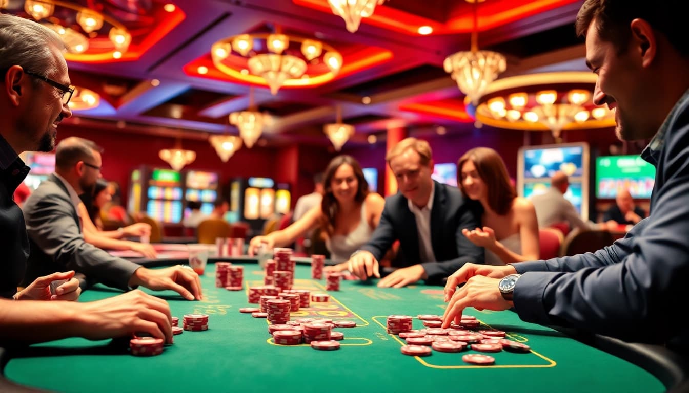 Vibrant scene of casino en ligne fiable with colorful chips and cards engaging players.