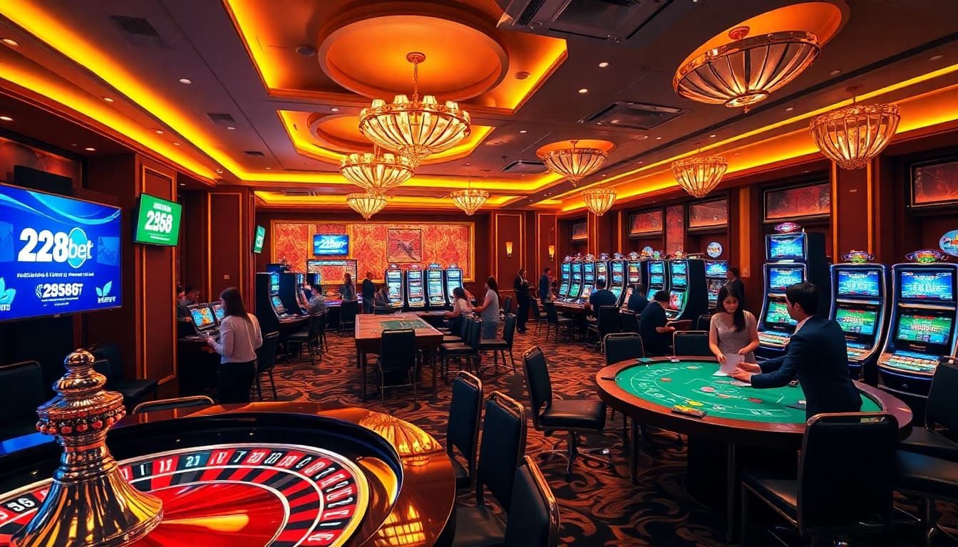 Engage in thrilling gaming experiences with 258bet at a luxurious casino environment featuring vibrant roulette and slot machines.