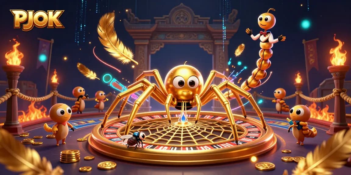 Experience thrilling bets at PJOK with a golden spider spinning roulette wins in a vibrant 3D scene.
