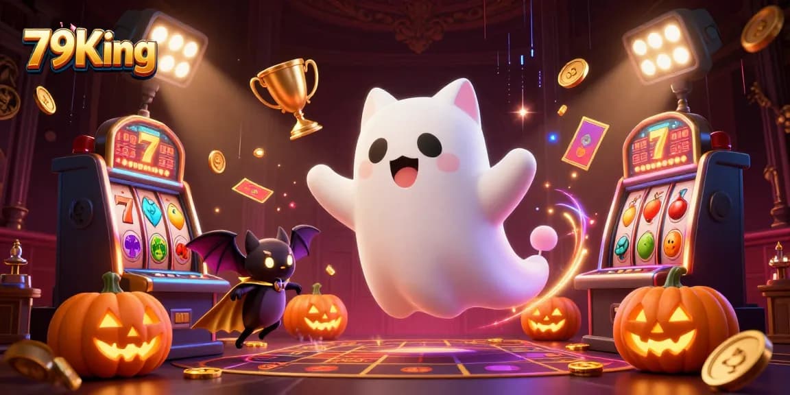 Engage in thrilling gaming experiences at 79King with vibrant slot reels and ghostly characters.