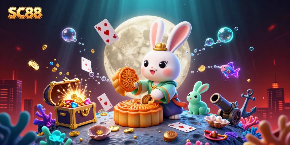 Engage with SC88's vibrant 3D casino scene featuring moon rabbits and lively game elements.