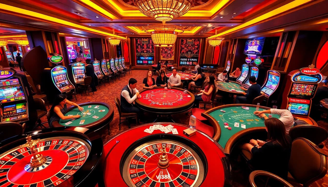 Experience the thrill of gambling at VN88 with vibrant tables and excited players celebrating wins.