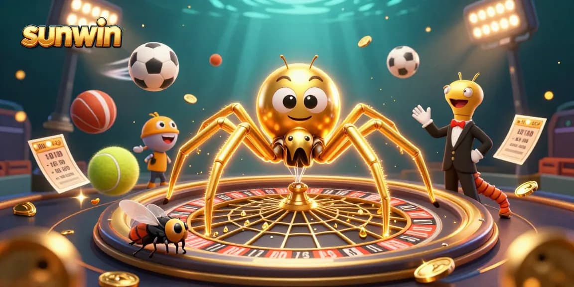 Betting with sunwin: cartoon spider and centipede in a vibrant casino scene.