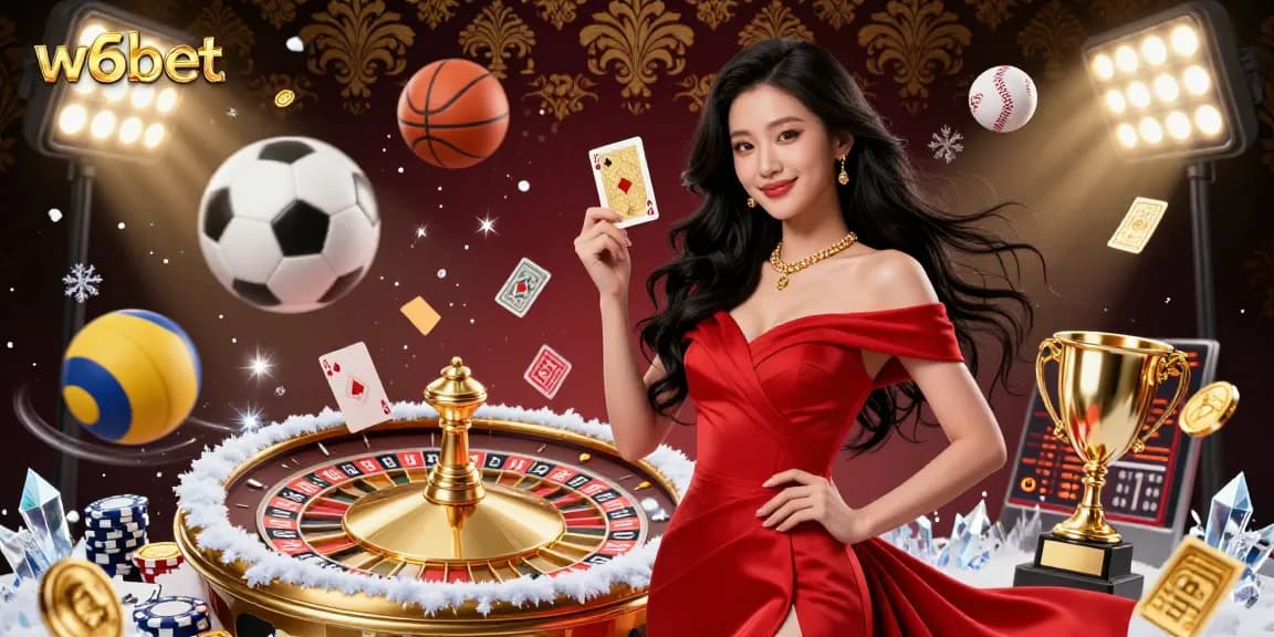 Experimente w6bet com uma mulher deslumbrante segurando uma carta ao lado de uma roleta glamourosa e elementos esportivos dinâmicos.