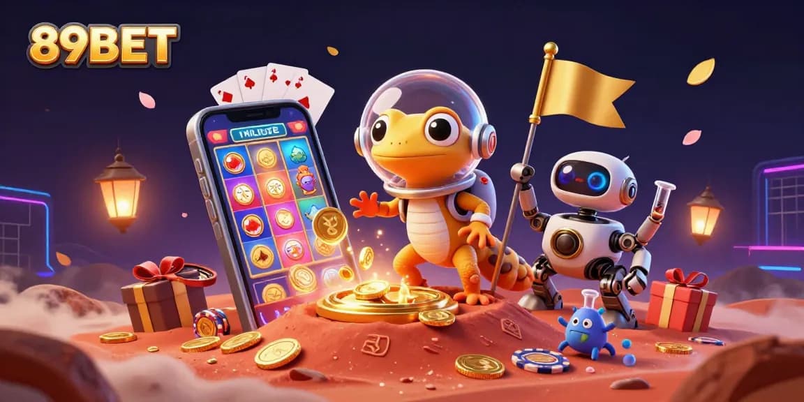 Engage with 89BET through an exciting digital scene of a Martian gecko discovering a golden casino.