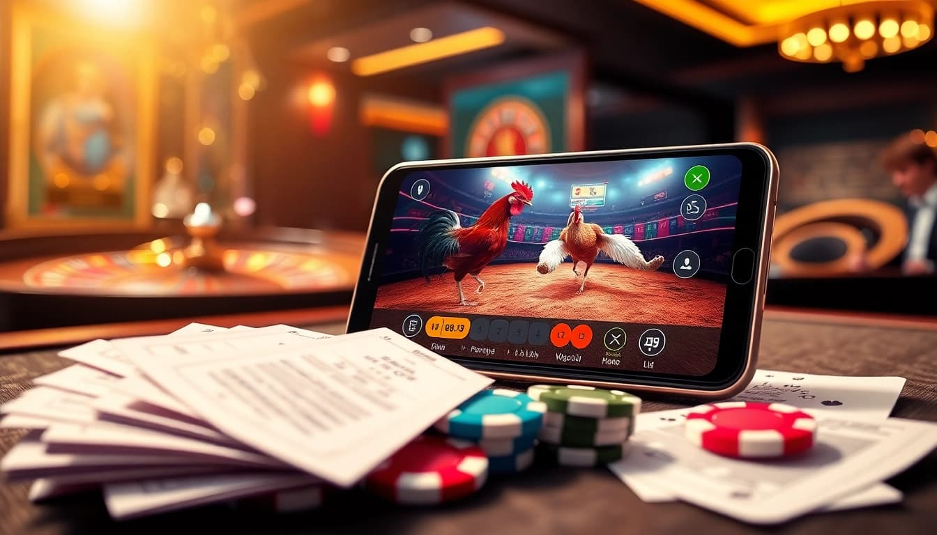 BJ66 đá gà live betting scene with a smartphone showcasing exciting cockfighting action.