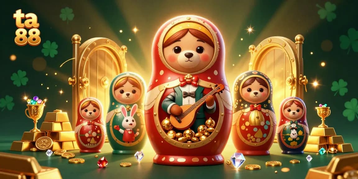 Experience the excitement at ta 88 with festive 3D illustration of cartoon bears and treasure.