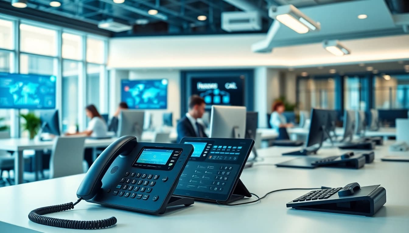 Showcase business phone systems in a modern office setup with sleek equipment and engaged employees.