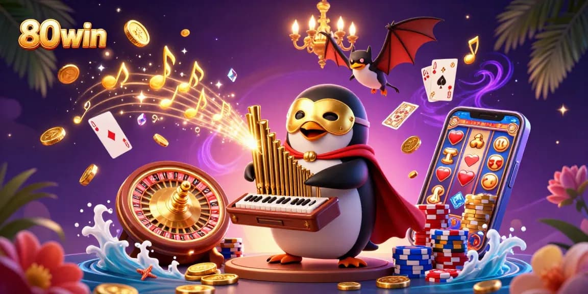 Experience excitement at 80win, featuring animated characters with gold coins and lively casino elements.