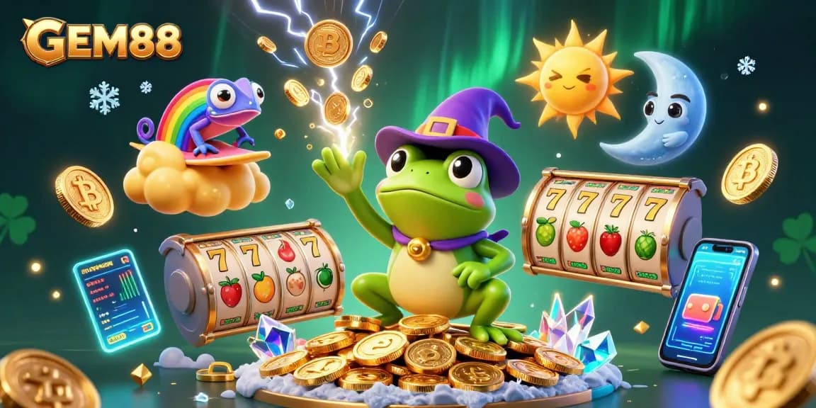 Engage with GEM88 by exploring exciting slot games and golden rewards in a vibrant 3D scene.